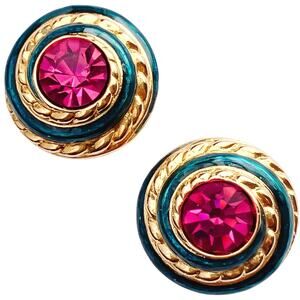 VTG Signed Swarovski Crystal Dome Stud Earrings 80s 90s Teal Enamel Fuchsia